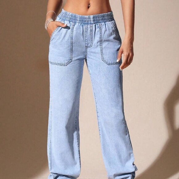 Blue Casual Womens Elastic Waist Jogger Jeans - Picture 2 of 6